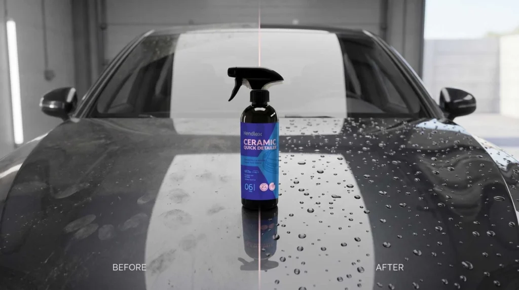 automobilio paviršius prieš ir po naudojant ceramic quick detailer su vandens lašais